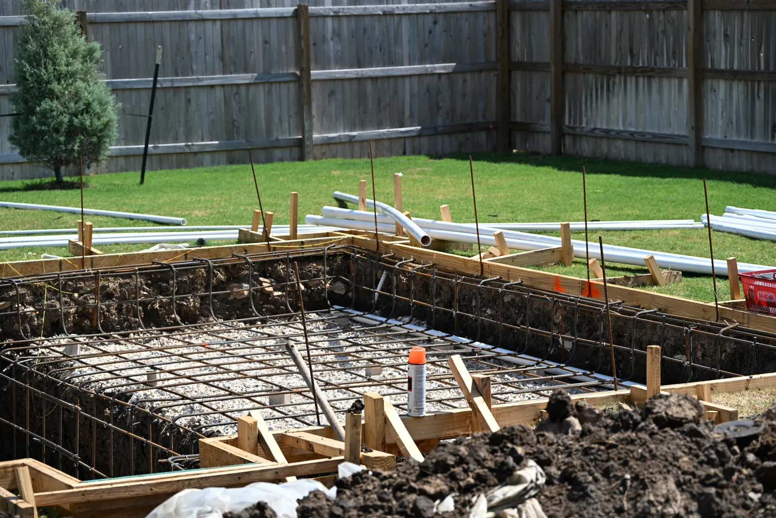 Rebar grid tied inside a formed pool excavation